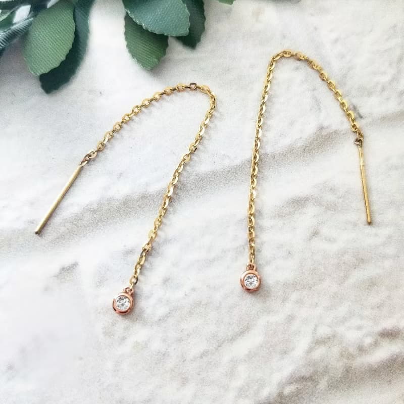 Eli Jewelry義大利14K金單鑽鋯石垂墜14K金耳環耳鍊 附金飾保證卡