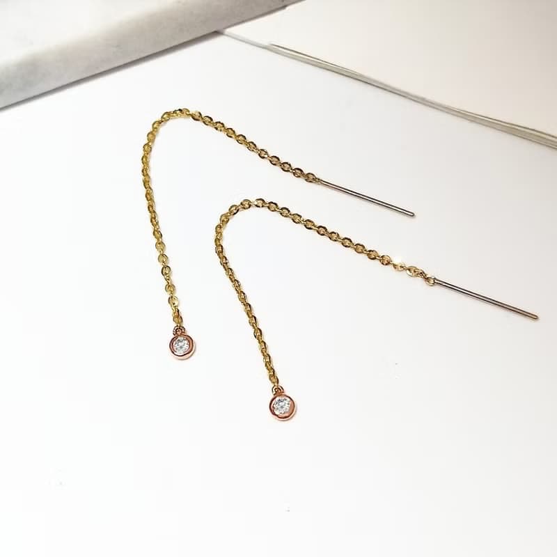 Eli Jewelry義大利14K金單鑽鋯石垂墜14K金耳環耳鍊 附金飾保證卡