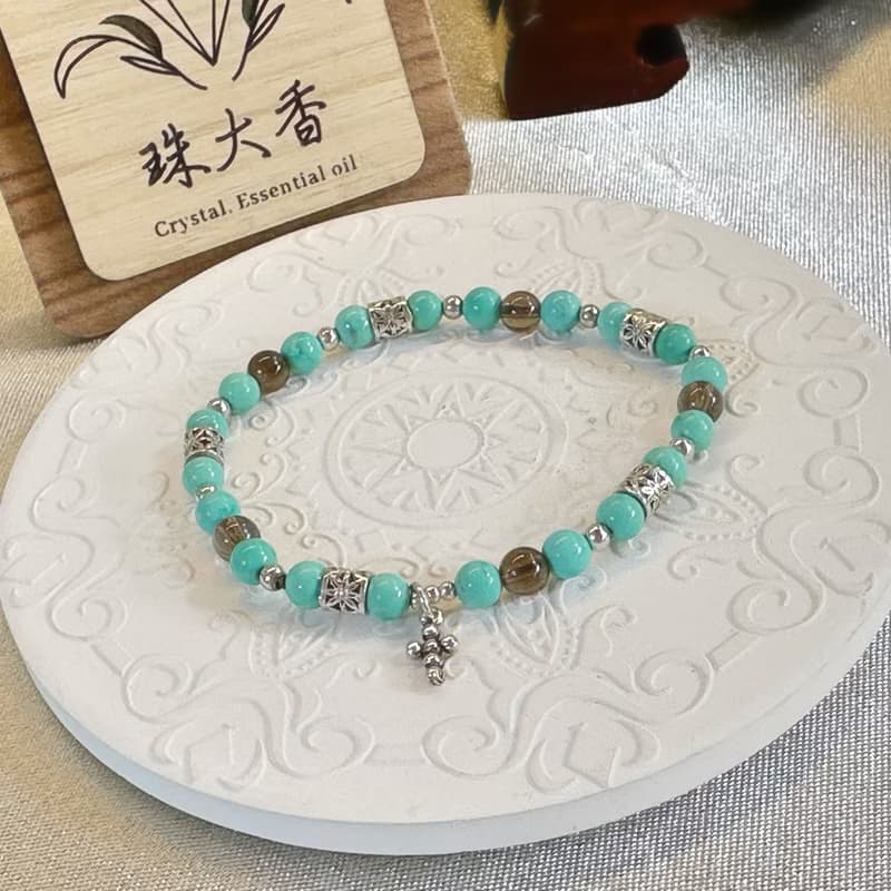 山靜之心 綠蒙古綠松・茶晶・純銀手鍊 金牛座星座設計