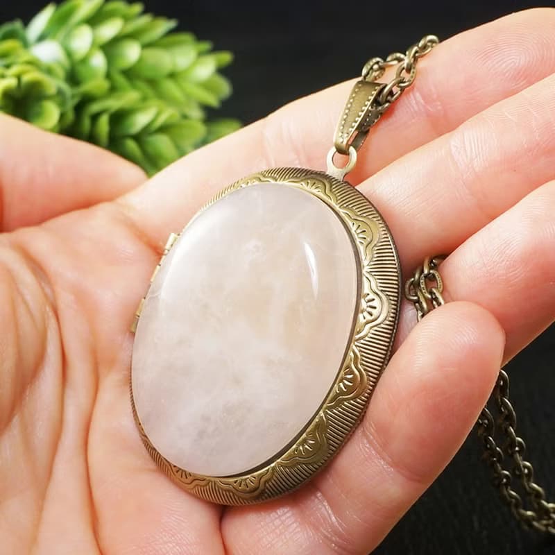Rose Quartz Oval Photo Locket Powder Pink Keepsake Pendant Necklace Jewelry Gift