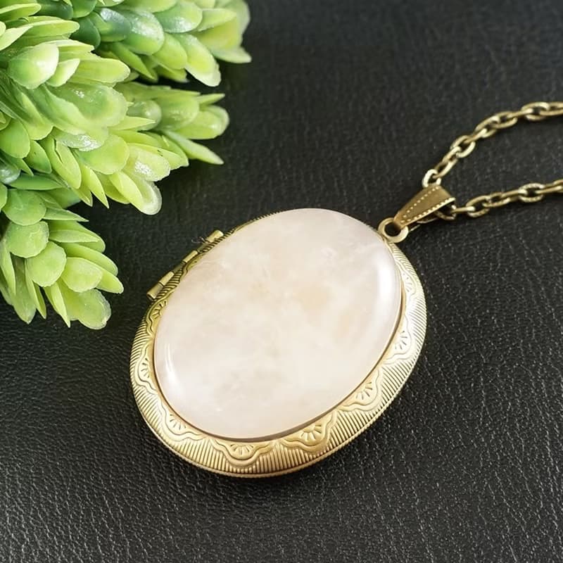Rose Quartz Oval Photo Locket Powder Pink Keepsake Pendant Necklace Jewelry Gift
