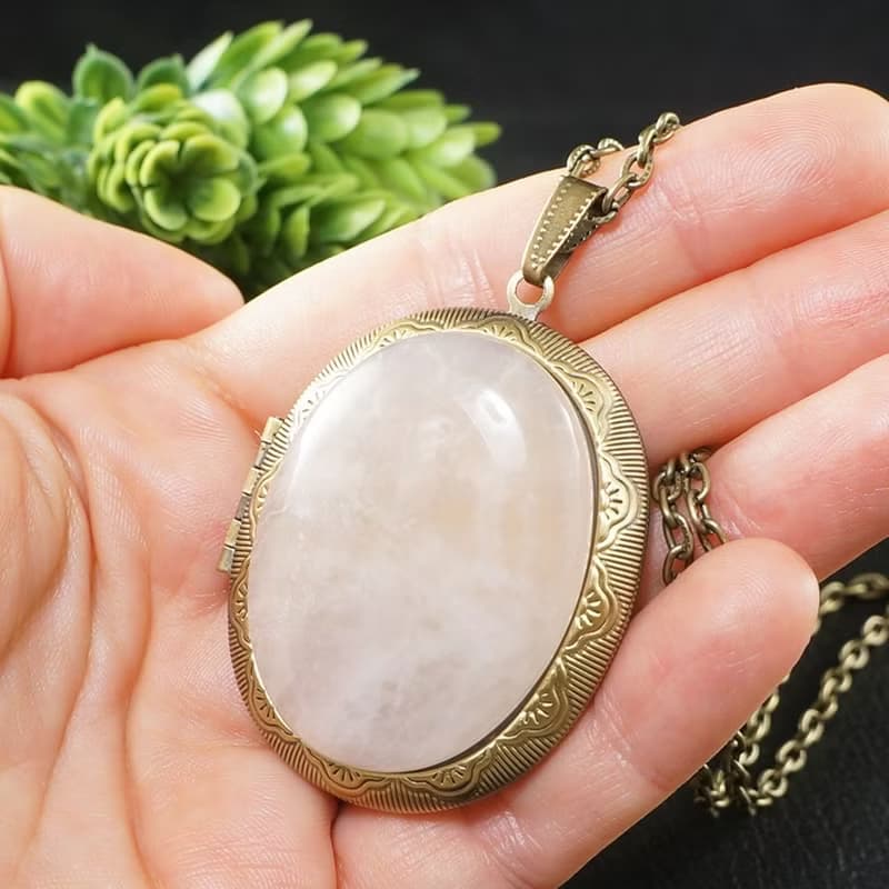 Rose Quartz Oval Photo Locket Powder Pink Keepsake Pendant Necklace Jewelry Gift
