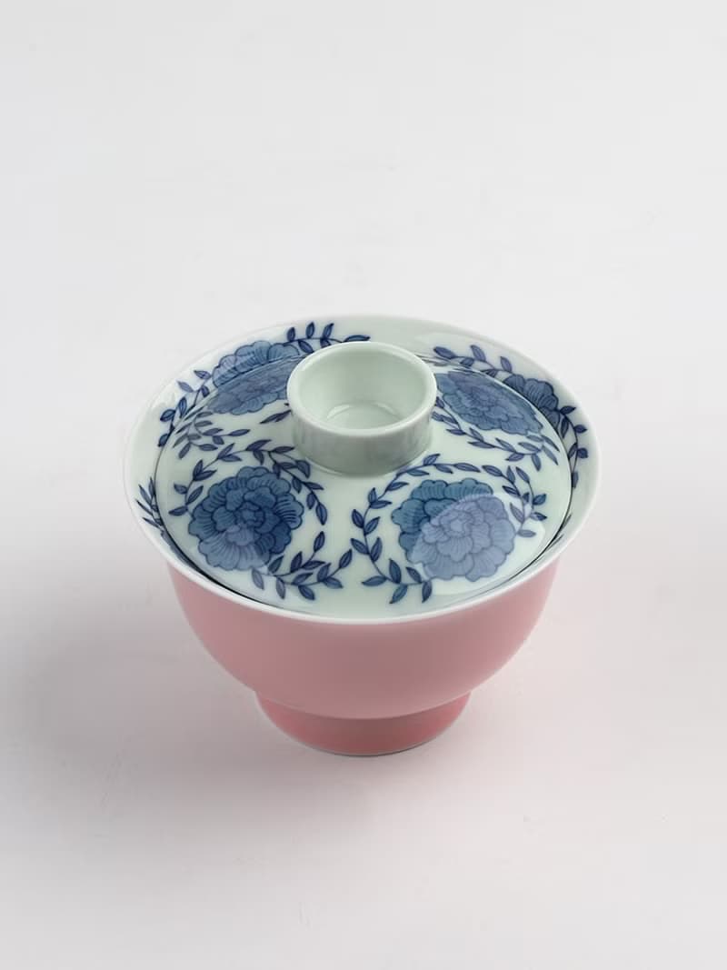 桃粉釉二才高足蓋碗  青花茶具內畫纏枝蓮140ml  手工茶具