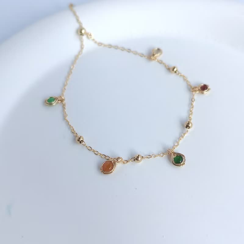 原創設計天然彩色翡翠手鍊 特製調色盤翡翠小墜飾 14KGF手鍊