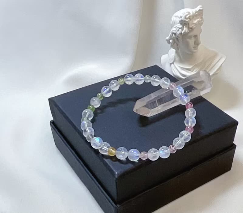 【嚴選】玻璃體藍月光石 彩虹糖果碧璽 水晶手鍊