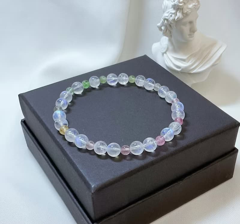 【嚴選】玻璃體藍月光石 彩虹糖果碧璽 水晶手鍊