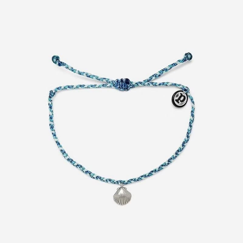 Pura Vida 美國手工 銀色扇貝 藍色蠟線衝浪手鍊手環