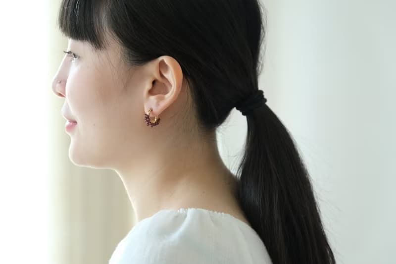 HappyCircle1.5cm│石榴石裙擺款 天然石 耳夾 禮物 14KGF  紅色