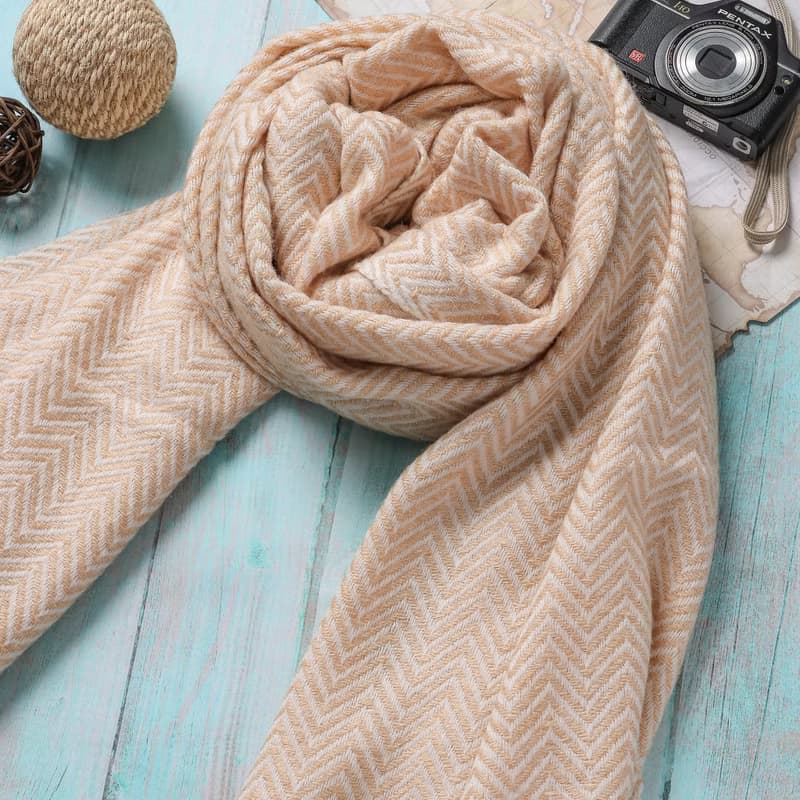 【厚款】喀什米爾羊毛圍巾/披肩  山形紋香檳色 手工機織