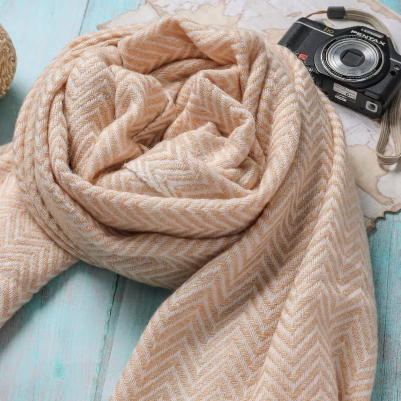 【厚款】喀什米爾羊毛圍巾/披肩  山形紋香檳色 手工機織