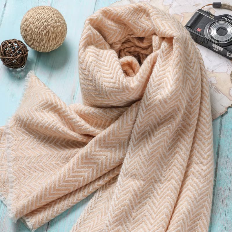 【厚款】喀什米爾羊毛圍巾/披肩  山形紋香檳色 手工機織