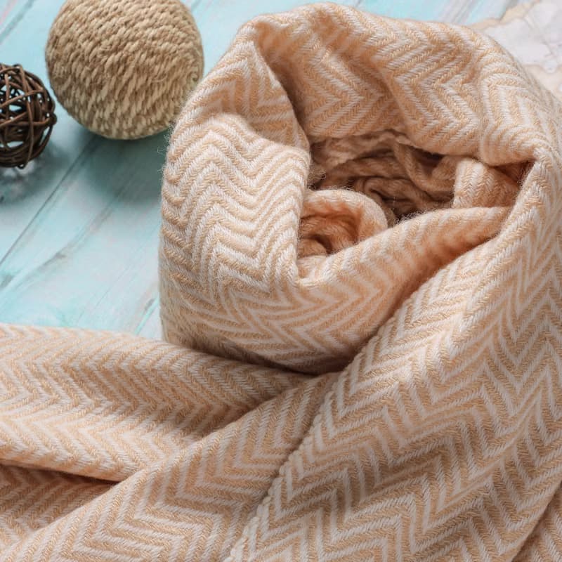 【厚款】喀什米爾羊毛圍巾/披肩  山形紋香檳色 手工機織