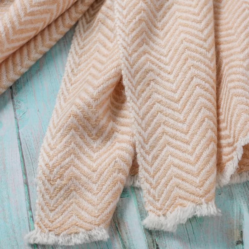 【厚款】喀什米爾羊毛圍巾/披肩  山形紋香檳色 手工機織