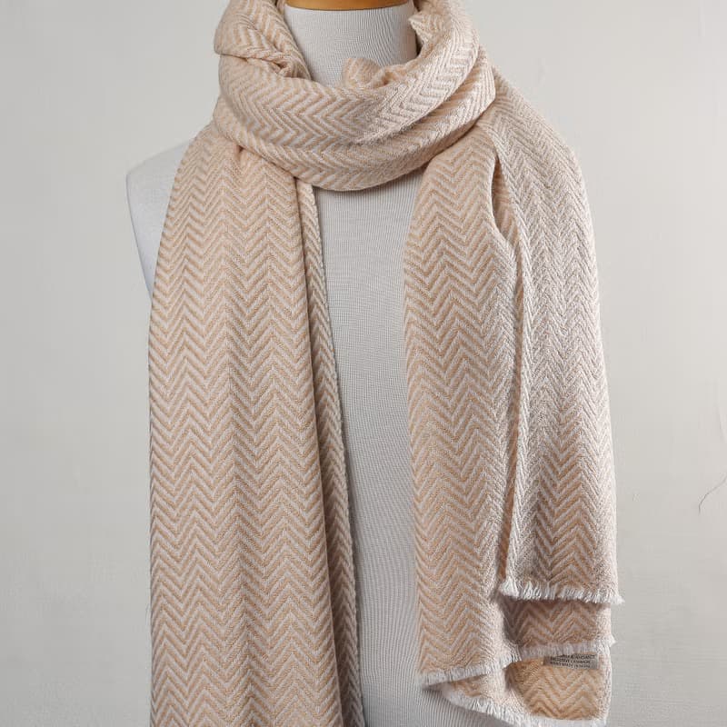 【厚款】喀什米爾羊毛圍巾/披肩  山形紋香檳色 手工機織