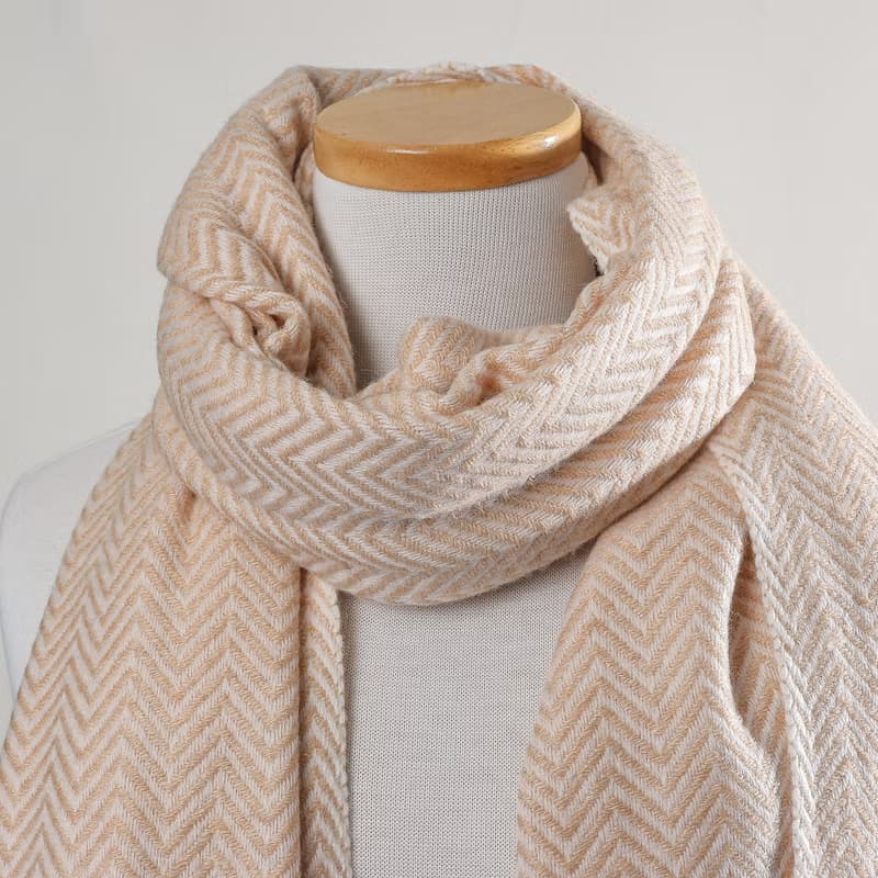 【厚款】喀什米爾羊毛圍巾/披肩  山形紋香檳色 手工機織