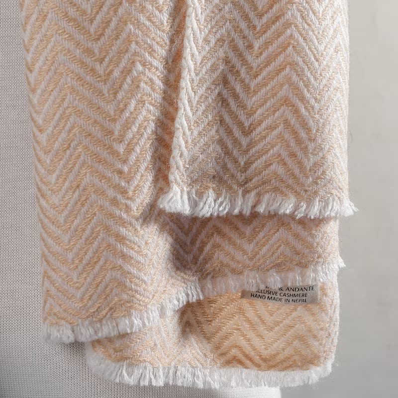 【厚款】喀什米爾羊毛圍巾/披肩  山形紋香檳色 手工機織