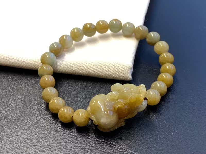 免費開光 快速出貨 天然A貨緬甸玉翡翠招財貔貅手鍊 蜜糖黃 黃翡