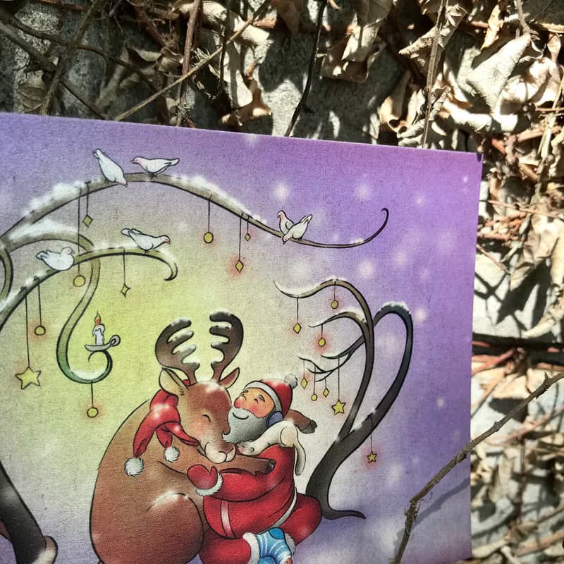 【聖誕擁抱/故事插畫明信片】 /聖誕節/雪貂/馴鹿