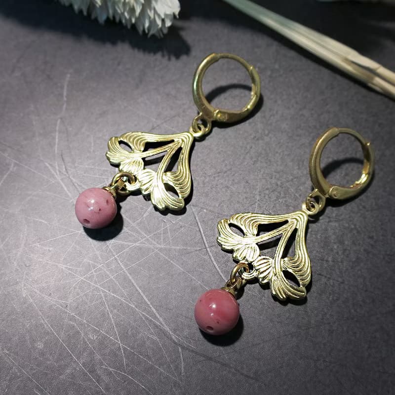 VIIART。舊事-薔薇。薔薇石黃銅耳環-可改夾式