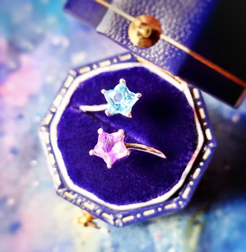 雙子星星紫晶瑞士藍托帕石純銀開口戒指