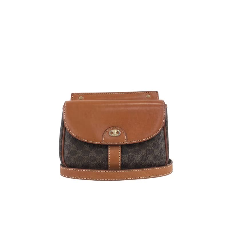 【 日本直送　名牌中古包 】CELINE セリーヌ マカダム ショルダーバッグ ブラウン ブラゾン PVCレザー ミニバッグ vintage nwujcb