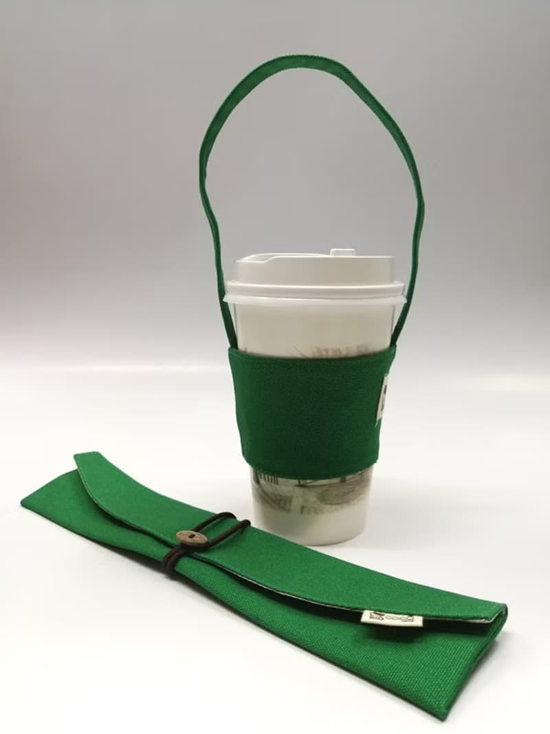 環保筷袋杯套組~手提式飲料杯套 餐具組收納袋 筷套(綠色)F08-007