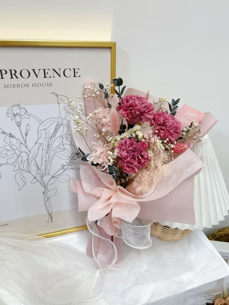 櫻桃紅茶/蜜橙奶茶 永生花 康乃馨花束中款 附提袋卡片