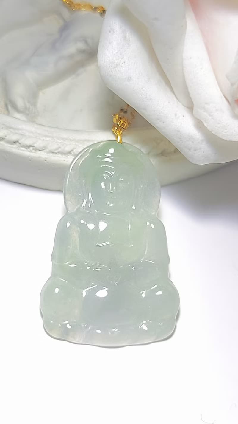 |春彩觀音|緬甸A貨翡翠冰種春彩觀音34.8mm18k真金扣頭吊墜