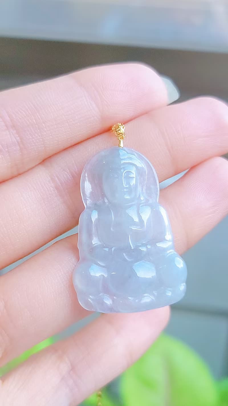 |春彩觀音|緬甸A貨翡翠冰種春彩觀音34.8mm18k真金扣頭吊墜