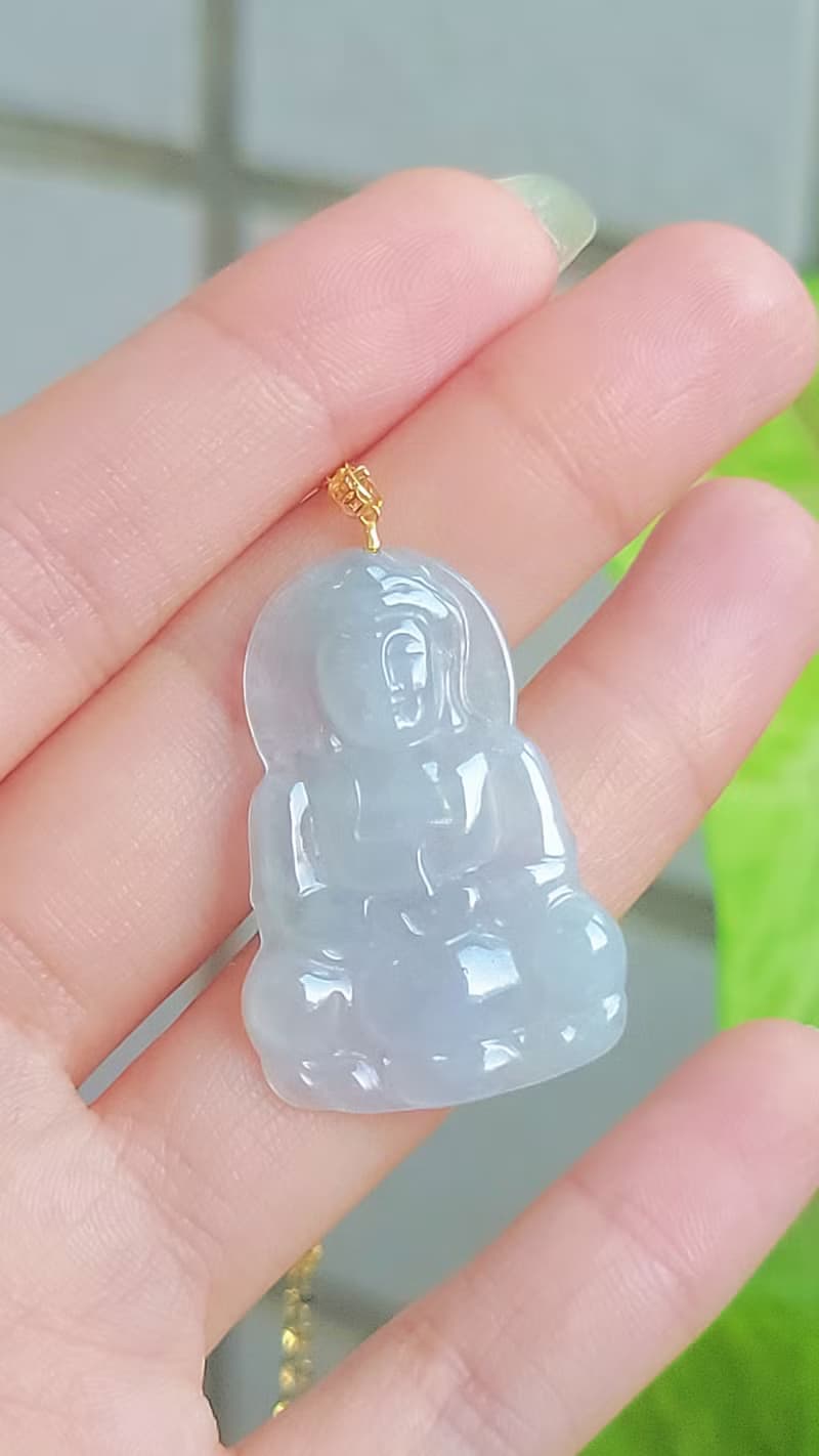|春彩觀音|緬甸A貨翡翠冰種春彩觀音34.8mm18k真金扣頭吊墜