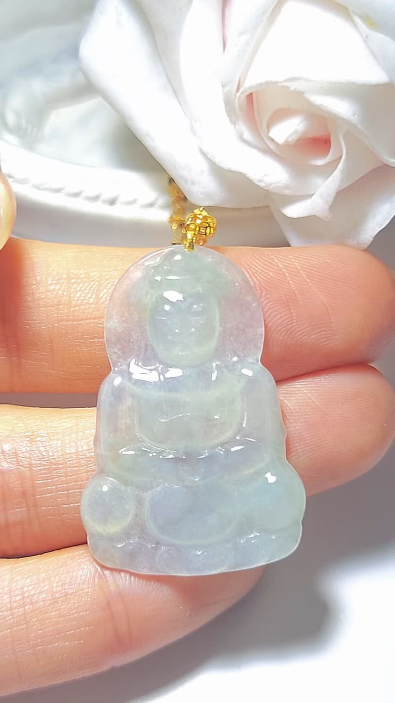|春彩觀音|緬甸A貨翡翠冰種春彩觀音34.8mm18k真金扣頭吊墜