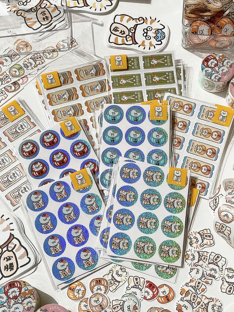 3小喵咪/文具招財貓達摩封口貼/手帳貼紙/雷射貼/可書寫/4款圖案