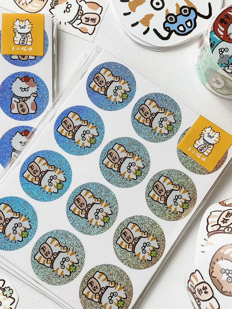 3小喵咪/文具招財貓達摩封口貼/手帳貼紙/雷射貼/可書寫/4款圖案