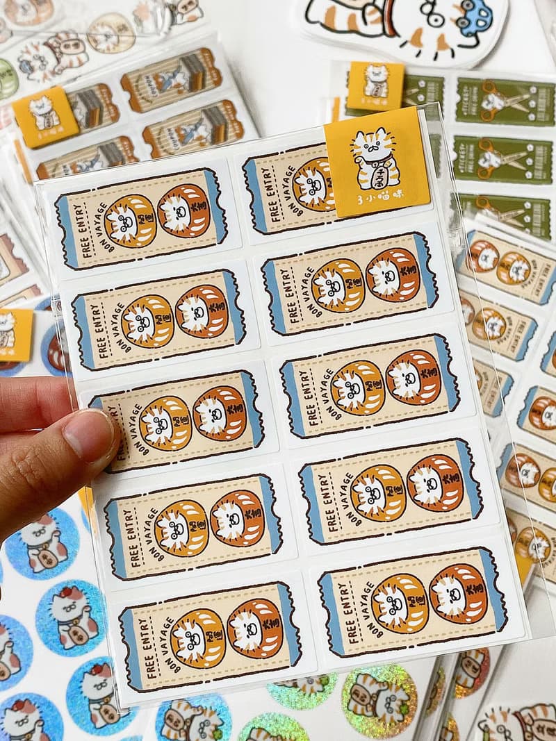 3小喵咪/文具招財貓達摩封口貼/手帳貼紙/雷射貼/可書寫/4款圖案