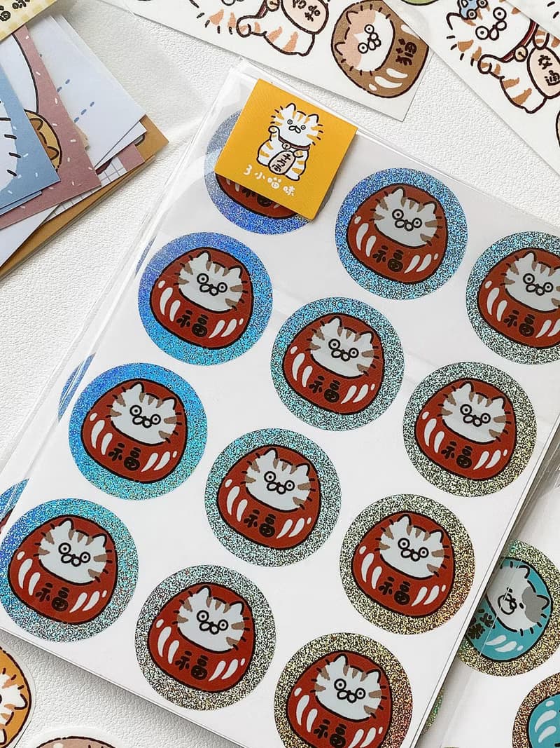 3小喵咪/文具招財貓達摩封口貼/手帳貼紙/雷射貼/可書寫/4款圖案