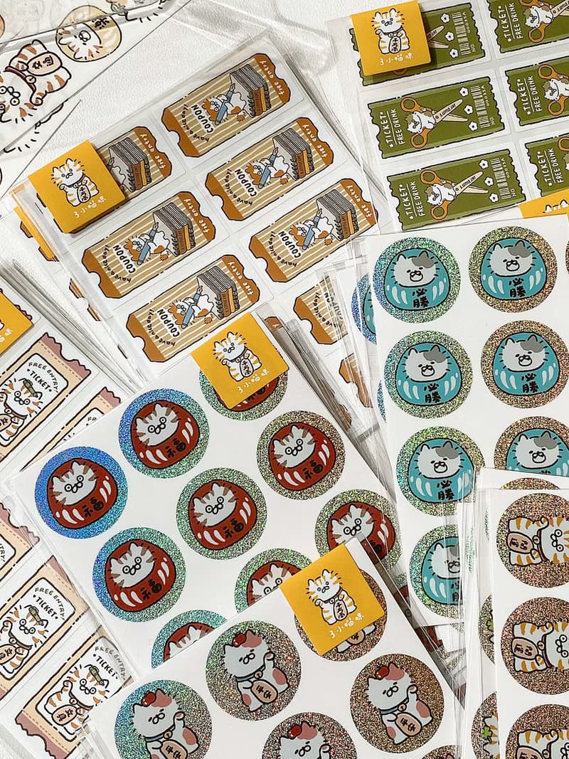 3小喵咪/文具招財貓達摩封口貼/手帳貼紙/雷射貼/可書寫/4款圖案