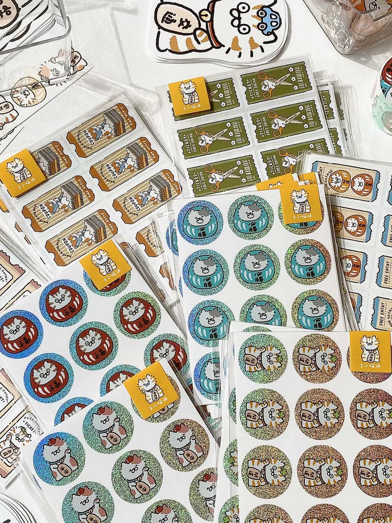 3小喵咪/文具招財貓達摩封口貼/手帳貼紙/雷射貼/可書寫/4款圖案