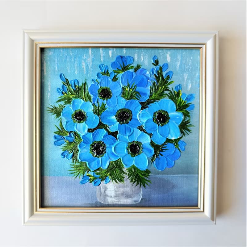 花束藍色海葵繪畫。藍染牆面裝飾畫藝術品。質感小畫