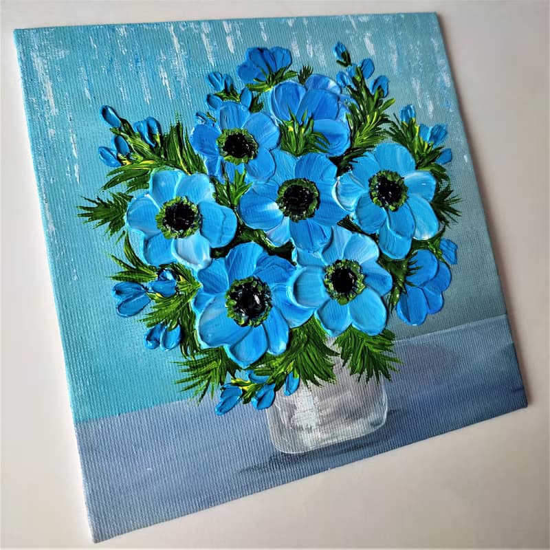 花束藍色海葵繪畫。藍染牆面裝飾畫藝術品。質感小畫