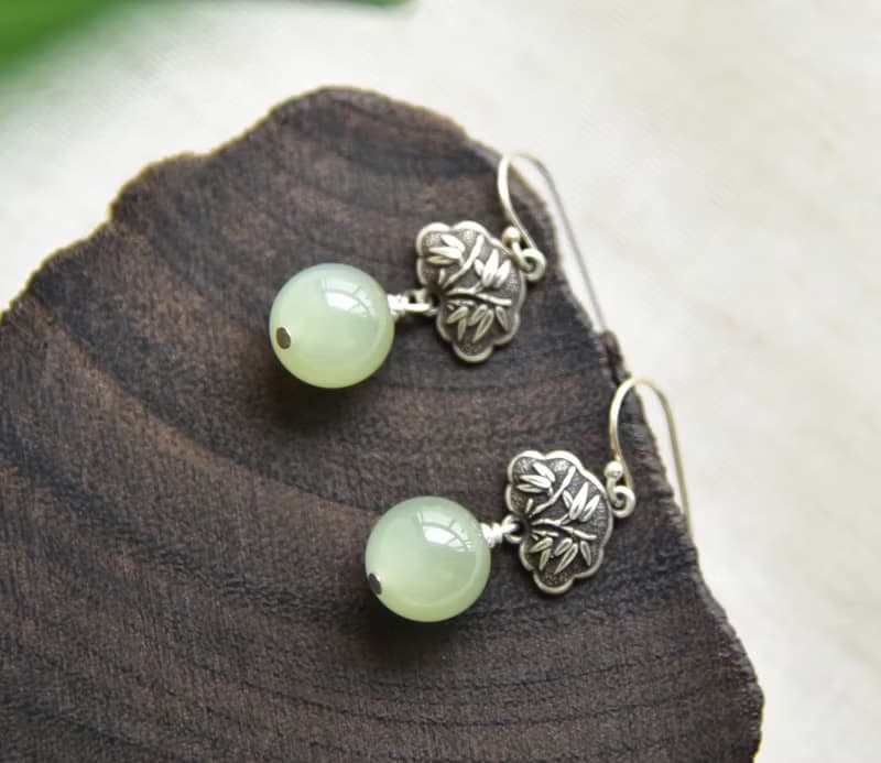 【竹韻】天然和田玉青海料冰晴圓珠925純銀短款耳墜