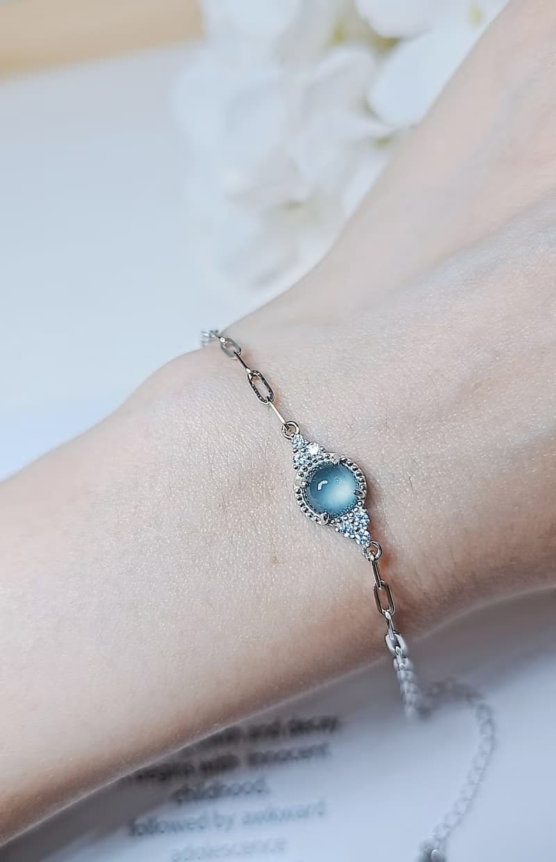 |星空藍剛甜心|A貨翡翠冰玻藍剛蛋面6.5mm純銀鍍18k簡約單顆手鏈