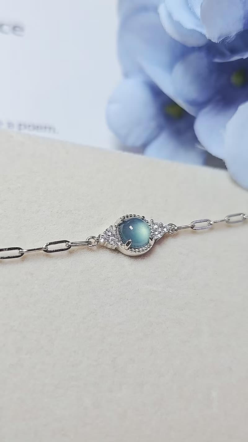 |星空藍剛甜心|A貨翡翠冰玻藍剛蛋面6.5mm純銀鍍18k簡約單顆手鏈