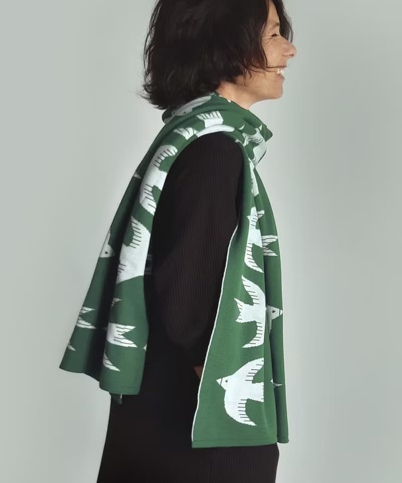 Women's merino wool scarf patterned with flying birds. Quality scarves for her