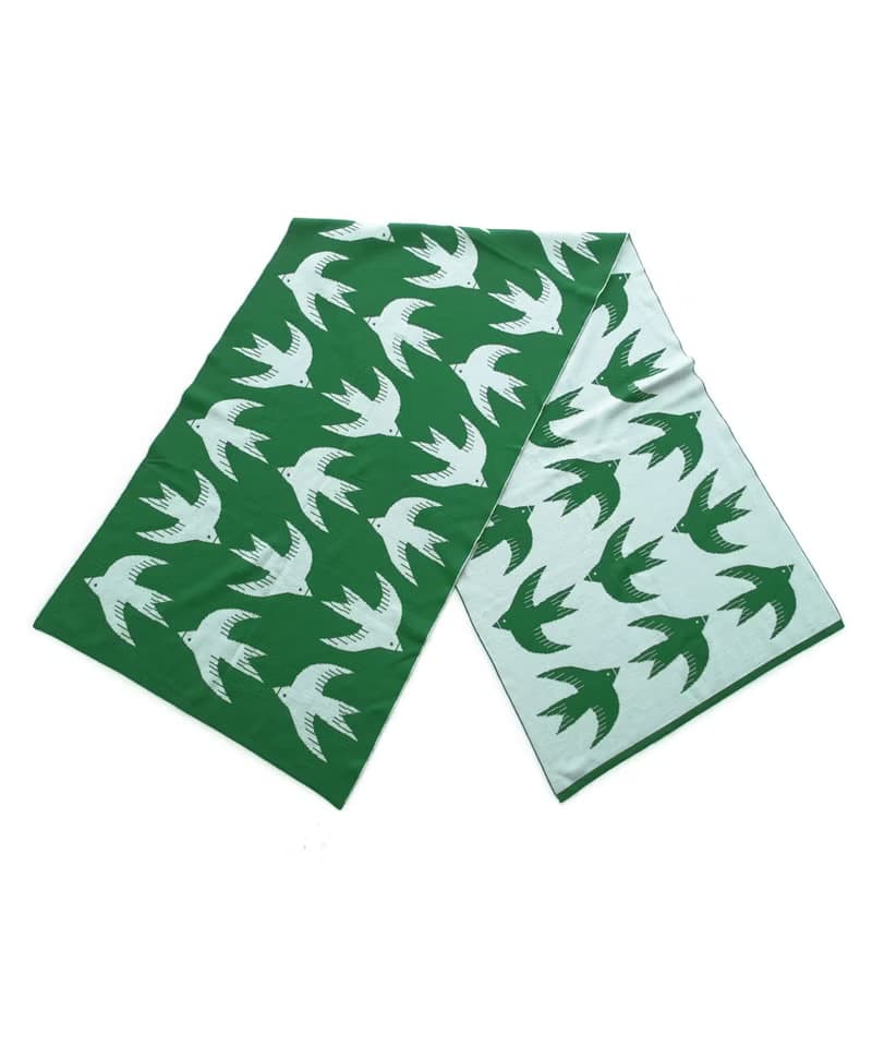 Women's merino wool scarf patterned with flying birds. Quality scarves for her
