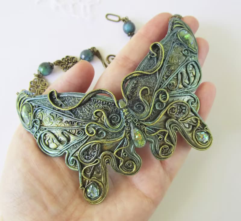 Big Butterfly necklace Green choker Wing necklace Fantastic Pendant insects gift