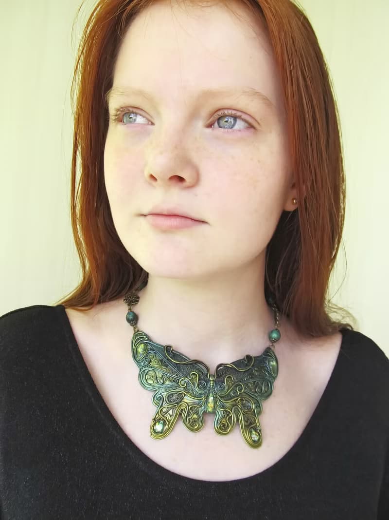 Big Butterfly necklace Green choker Wing necklace Fantastic Pendant insects gift
