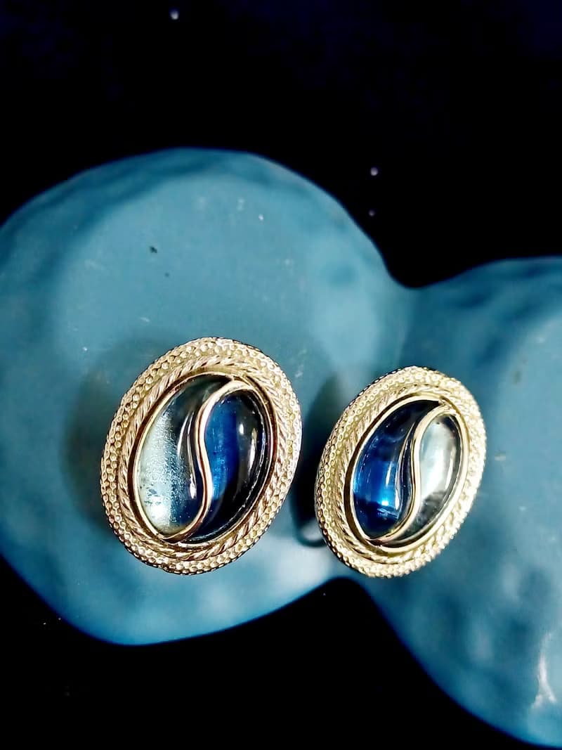 vintage jewelry Emmons 藍色雙重奏 夾式耳環