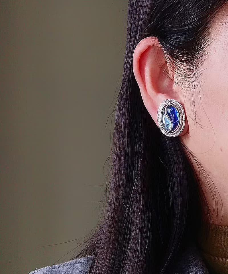 vintage jewelry Emmons 藍色雙重奏 夾式耳環