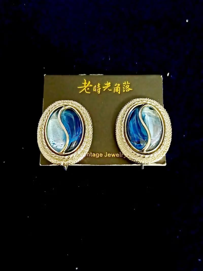 vintage jewelry Emmons 藍色雙重奏 夾式耳環