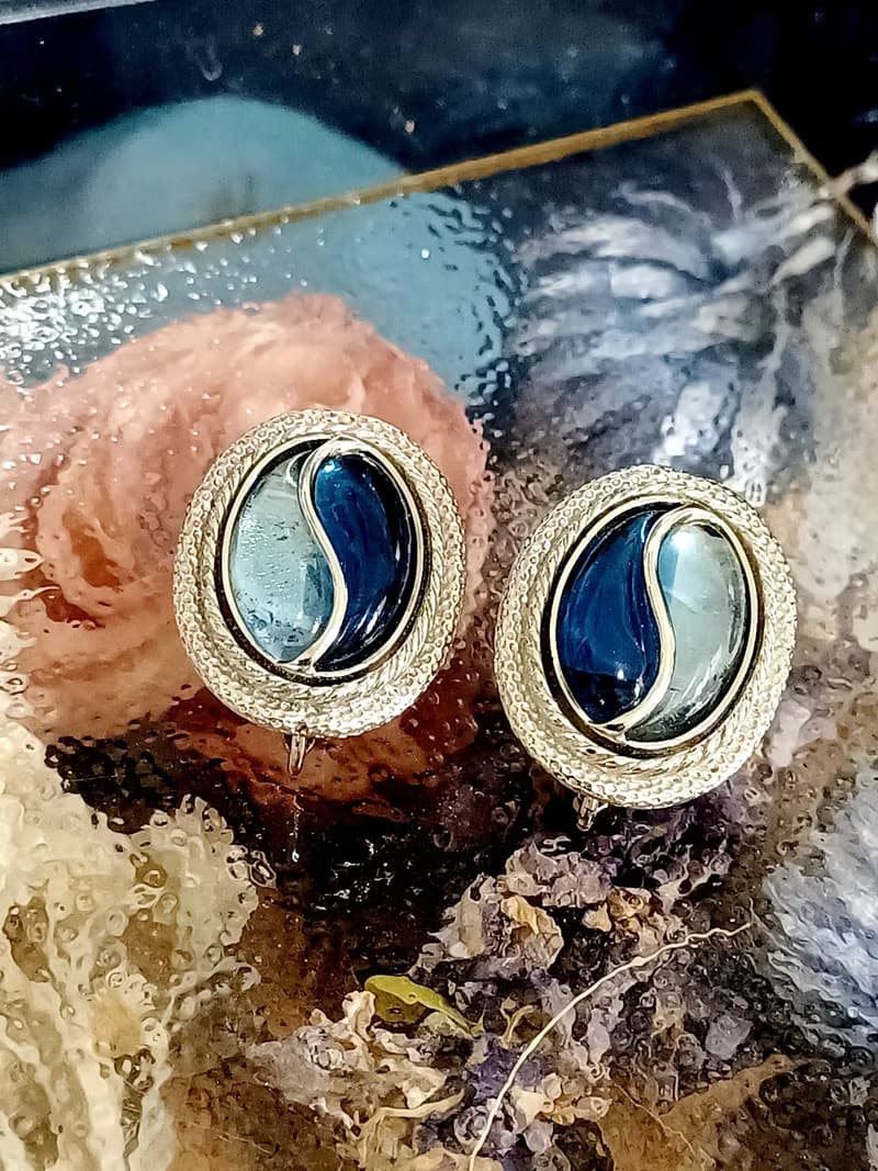 vintage jewelry Emmons 藍色雙重奏 夾式耳環
